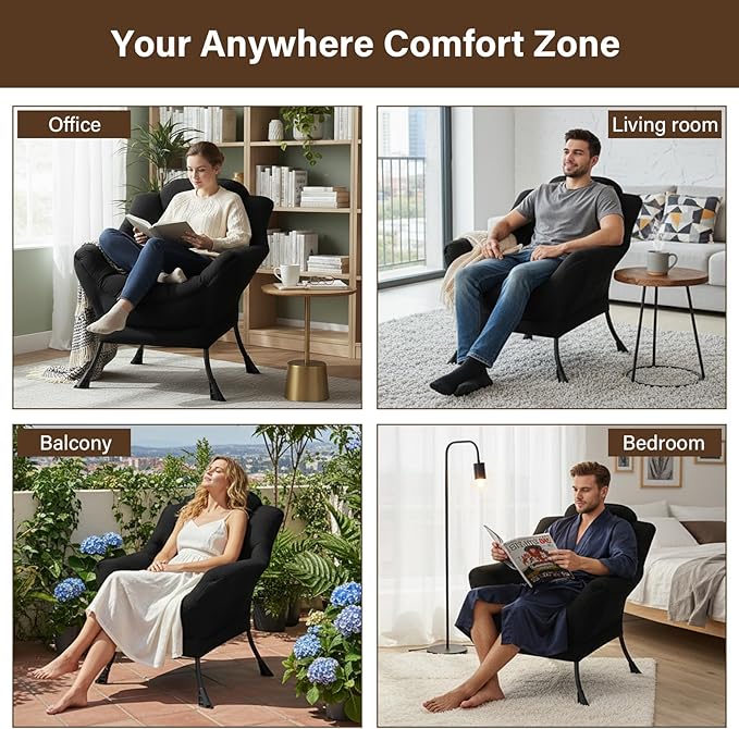 Welnow Lazy Chair for Living Room Modern Reading Accent Chair with Armrests and a Side Pocket Leisure Upholstered Lazy Sofa for Small Space Bedroom Dorm Black