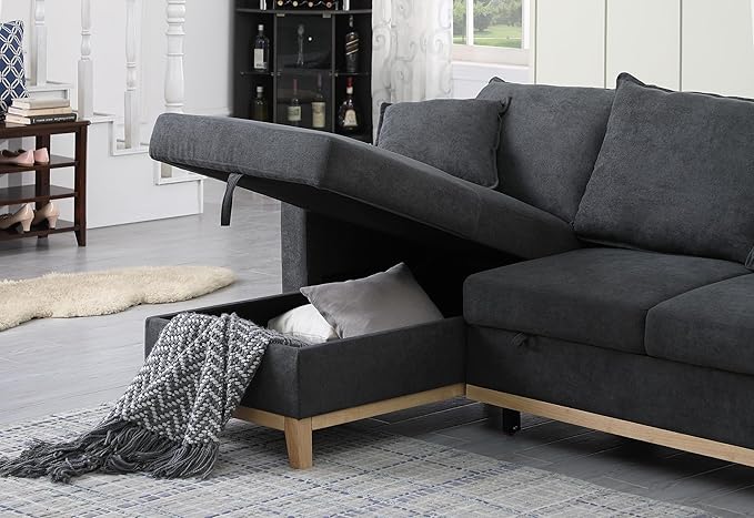 Lilola Home Colton 84.25 W Dark Gray Woven Fabric Reversible Sleeper Sectional Sofa with Pull-Out Bed and Storage Chaise – Modern L-Shaped Couch for Living Room or Apartment
