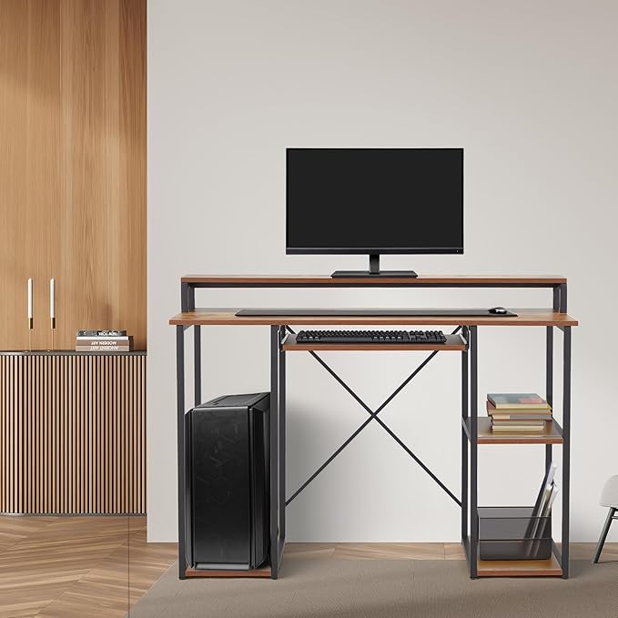 JOMEED Modern 46.5 Inch Computer Desk with Monitor Stand and Storage Shelves for Home Office Spaces Bedrooms or Student Dorms Brown/Black