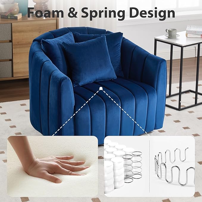 Chifee &amp Vingol 40.16 W Swivel Accent Barrel Chair Velvet Round Barrel Chair with 3 Pillows 360 Degree Swivel Armchair for Living Room Bedroom Navy