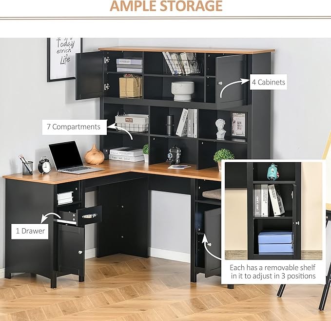 HOMCOM L Shaped Computer Desk with Hutch 59 Corner Desk Space Saving Home Office Desk with Storage Shelves Drawer and Cabinet Black
