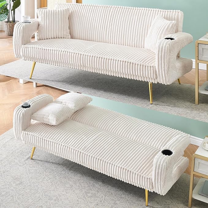 70 Beige Futon Couch Bed Sofa Comfortable Futon Loveseat with Cupholders &amp Arms Convertible Fouton Sofas with Adjustable Backrest &amp Pockets for Small Spaces Living Room Bedroom Dorm (White)