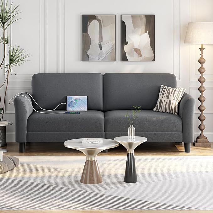 Yaheetech 67 W Fabric Sofa Couch 2 Seater Loveseat Sofa with USB Charging Ports Upholstered Sofa Living Room Office Bedroom Dark Gray