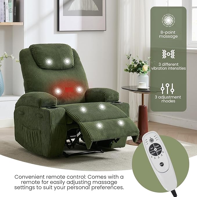 Massage Recliner Chair with Heat for Adults Extra Wide Manual Reclining Chair with 1.5X Thick Sponge Armrests &amp Backrest Lazy Boy Recliner Sofa for Living Room &amp Bedroom Comfort Green