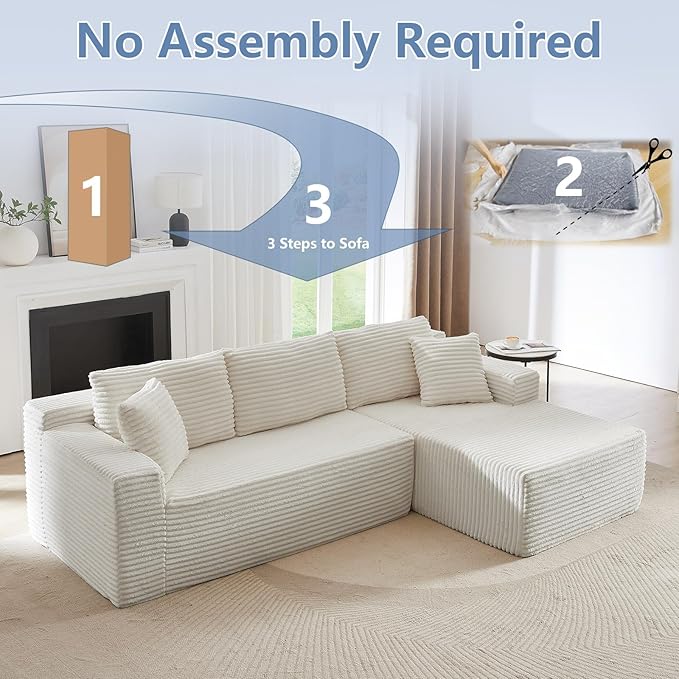 103 L-Shape Cloud Couch with Chaise Upholstered Corduroy Modular Sectional Sofa Deep Seat Couch with Free Combination for Living Room &amp ApartmentNo Assembly Required(WhiteRight Facing Chaise)