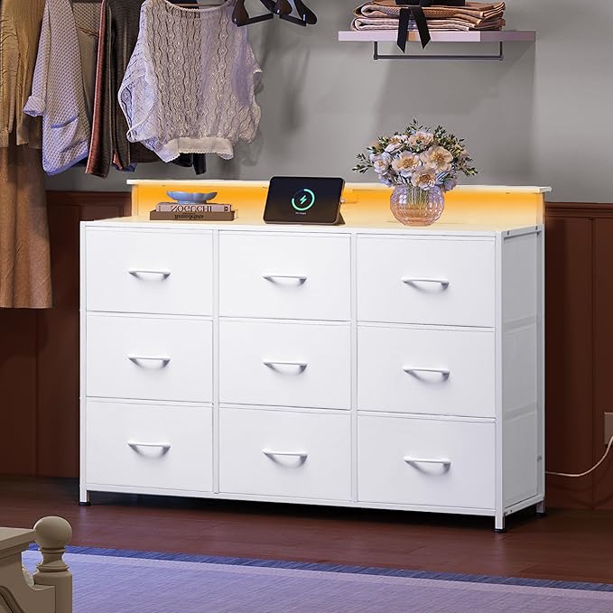 White TV Stand for 45 50 55 inch TV TV Media Console Table with LED Lights &amp Charging Station Entertainment Center with 9 Fabric Drawers and Open Shelves for Living Room Hallway