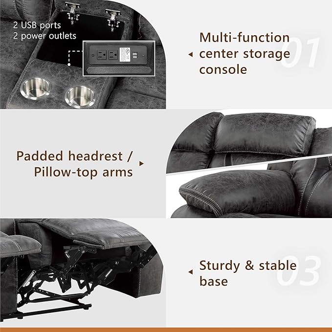 Homelegance Reclining Loveseat Polished Microfiber Manual Double Recliner Loveseat with Center Console Gray