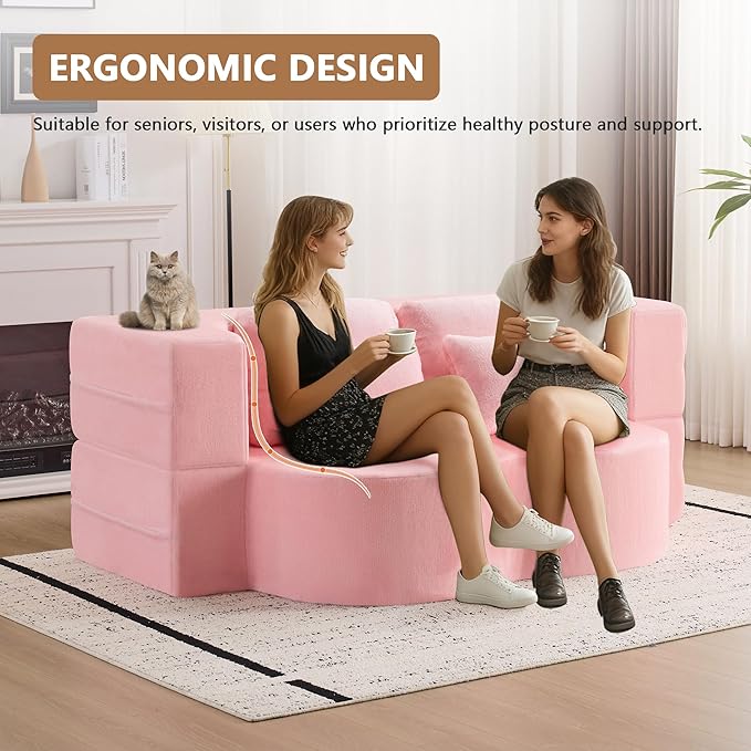 2-in-1 Folding Sofa Bed with Pillow No Assembly Futon Twin Size Sofa Bed Breathable Velvet Convertible Couch Bed for Living Room and Guest Room 78.7 Inch Pink