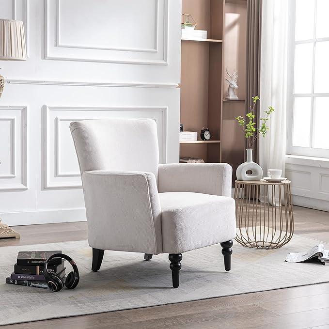 Generic Armchair Modern Accent Sofa Chair with Linen SurfaceLeisure Chair with Solide Wood feet for Living Room Bedroom StudioWhite
