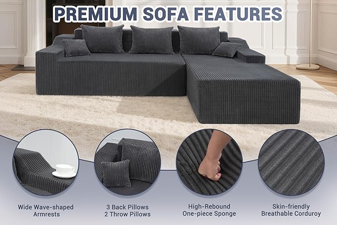 HABUTWAY 101'' Modular Sectional Sofa Cloud Couch with Deep Seat Modern L-Shaped Convertible Couches Upholstered Couch with Chaise for Living Room Bedroom (Grey Right-Facing Chaise)