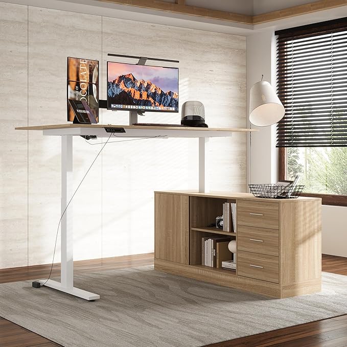 63 L Shaped Electric Standing Desk with File Cabinet Height Adjustable Stand up Desk with Drawers and Shelves Home Office Computer Gaming Table Brown &amp White