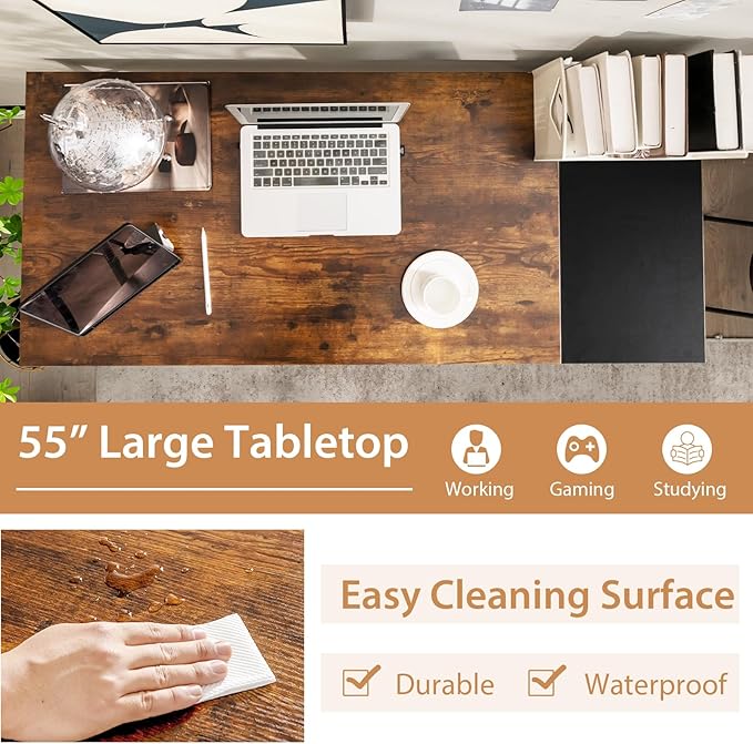 Computer Desk 55’’ Gaming Desk w/Storage Shelves Steel Frame &amp Adjustable Feet Wood Office Table Large Writing Desk for Bedroom Study Home Office (Rustic Brown 55''W)