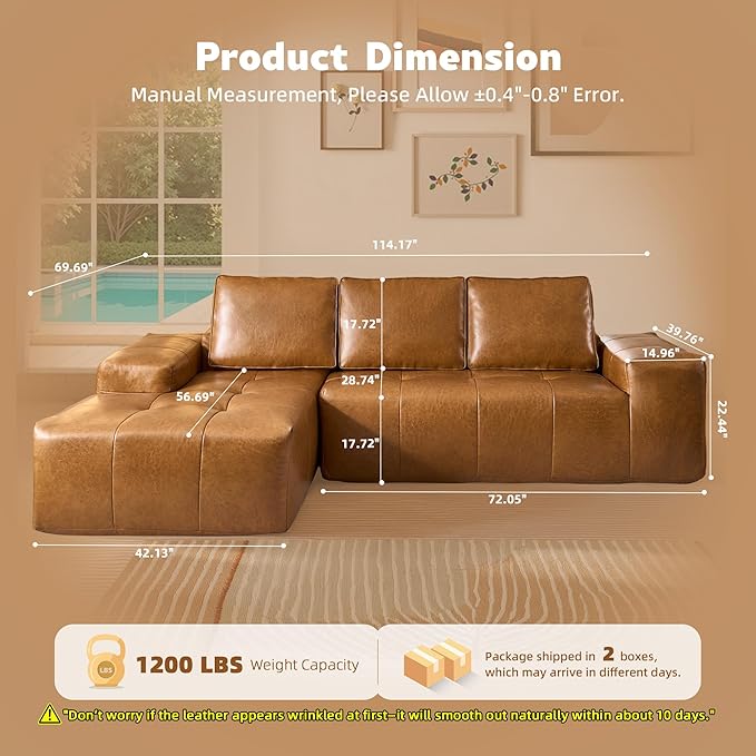 114 Leather Sectional Couch with Comfy Chaise Boneless L Shape Sofa with Deep Seat Minimalist Modular Couches Sleeper for Living Room LoungeBrown