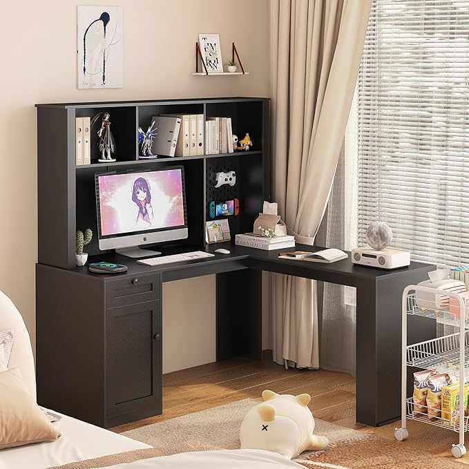 59 L Shaped Computer Desk with Hutch &amp Bookshelf Corner Office Desk Students Writing Table w/Drawer &amp Power Outlet Gaming Computer Desk with LED Light for Home (Black)