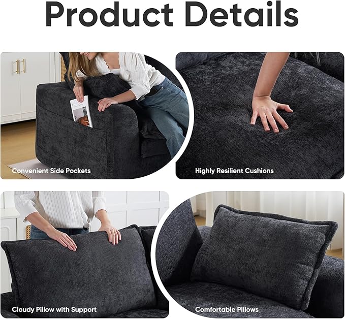 113 Cloud Sectional Boneless Couch for Living Room Modern Modular Sectional Sofa Deep Seat with Ottoman Oversized Comfy Sectional Couches L Shaped Cloud Couch with Side PocketsBlack