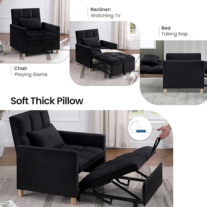 70'' Convertible Chair Bed Extra Long Teddy Fabric Single Pull Out Sofa 4 in 1 Adult Sleeping Recliner With Pillow Adjustable Backrest Black
