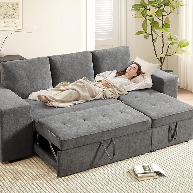 ANJ L Shaped Sectional Sleeper Sofa with Pull Out Bed and Storage 4-in-1 Convertible Couch with Hidden Ottoman and Arm Storage Easy Assembly Modular Sofa Bed for Living Room Grey