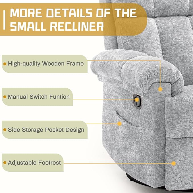 Recliner Chair Swivel Rocker Recliner Chair for Adults Small Recliners for Small Spaces Manual Recliner Chair with Side Pockets Nursery Rocking Chair for Living Room Chenille Silver Grey