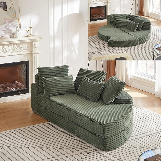 Curved Convertible Futon Sleeper Sofa Bed 78.5 Boneless Couch with Pull-Out Bed Corduroy Semi-Circular Foldable Floor Mattress for Living Room No Assembly Required Right Curved Green