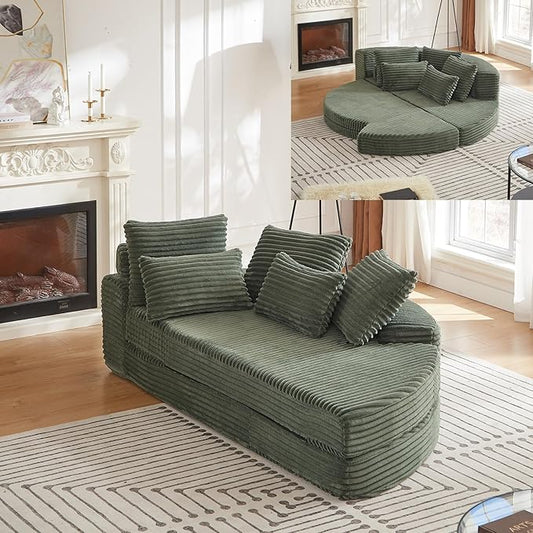Curved Convertible Futon Sleeper Sofa Bed 78.5 Boneless Couch with Pull-Out Bed Corduroy Semi-Circular Foldable Floor Mattress for Living Room No Assembly Required Right Curved Green