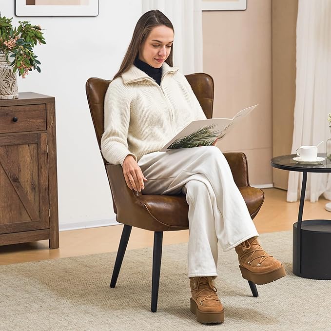 Furniliving PU Leather Accent Chair for Living Room Upholstered Reading Chair with High Backrest Tufted-Button Wingback Armchair for Bedroom Dressing Room Home Office Brown