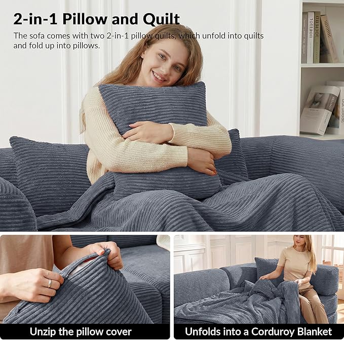 Modular Floor Sofa Bed for Small Apartments &amp Renters Stable Fixed-Shape Support Wide Guest Sleeper No Assembly Corduroy (Dark Gray) | 2-in-1 pillow quilts No assembly needed Medium-firm sup
