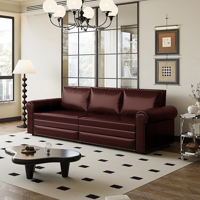 Eafurn 93.7 King Size Pull Out Sofa Bed 3-in-1 Convertible Sleeper Sofa Couch Bed with Nailhead Decor and Rolled Arms Faux Leather Oversized Chesterfield Loveseat Chaise Lounge