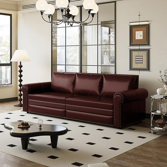 Eafurn 93.7 King Size Pull Out Sofa Bed 3-in-1 Convertible Sleeper Sofa Couch Bed with Nailhead Decor and Rolled Arms Faux Leather Oversized Chesterfield Loveseat Chaise Lounge