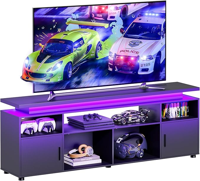 SUNCOZE TV Stand Entertainment Center with LED Lights and Cabinet for 70/75/80 Inch TV Modern TV Console Gaming Media Television Stands with Power Outlets for PS5 in Living Room and Bedroom Black