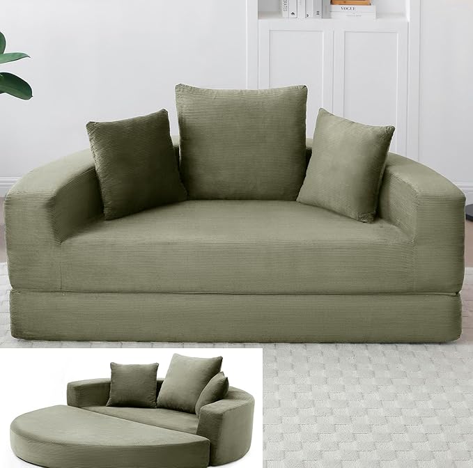 Green Boneless Loveseat Couch - 67 Circular Convertible Sofa Bed No Assembly Corduroy Folding Floor Futon with Pillows for Small Spaces (Green)