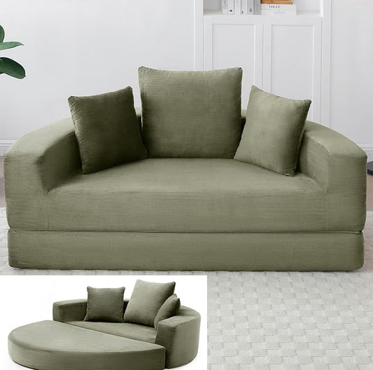 Green Boneless Loveseat Couch - 67 Circular Convertible Sofa Bed No Assembly Corduroy Folding Floor Futon with Pillows for Small Spaces (Green)