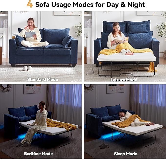 Brelice 65 Pull Out Sofa Bed Sleeper Sofa Couch 2-in-1 Convertible Chenille Loveseat with USB Charging Port and Memory Foam Mattress Full Size Pullout Bed for Living Room Apartment or Office