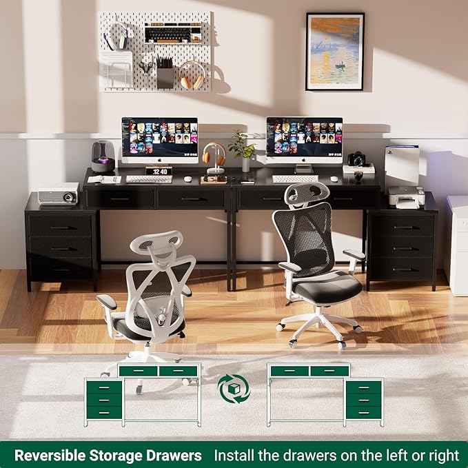 Unikito Reversible Computer Desk with 5 Drawers Sturdy Office Desk with Power Outlets and USB Ports Corner Writing Table with File Cabinet &amp Printer Stand Vanity Desk with Storage Black