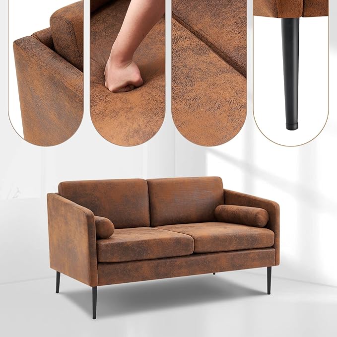 Karl home Loveseat Sofa 52 Bedroom Couch Mid-Century 2-Seat Sofa Bronzing Cloth Upholstered Love Seat with Metal Legs for Living Room Bedroom Balcony Apartment Office Brown