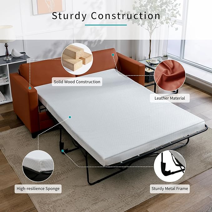 BALUS 73 Wide Full Size Pull Out Sofa Bed Convertible Sleeper with Memory Foam Mattress Modern Faux Leather Loveseat Couch for Apartment Living Room Includes 2 Bolster Pillows - Cognac