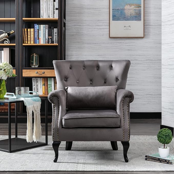 Accent Reading Arm Chairs Set of 2 for Living Room Bedroom Midcentury Modern Comfy Corner Sofa Chair Wingback Waiting Room Club Chair with Button Tufted Back &ampLumbar Pillow Velvet Grey