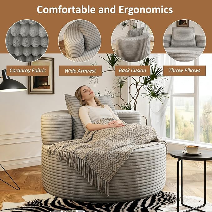 37.4 Oversized Boneless Chair Round Chaise Lounge Boneless Accent Chair Indoor Upholstered Corduroy Deep Seat Sofa Chair No Assembly Required for Living Room Bedroom Apartment