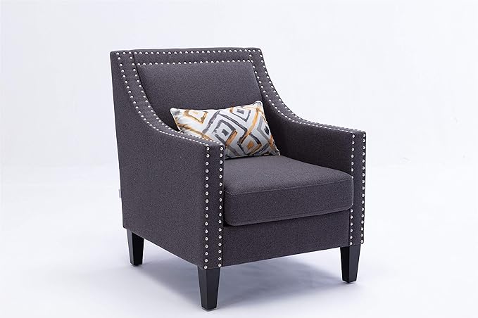 Accent Armchair Living Room Chair with Nailheads and Solid Wood Legs Charcoal Linen