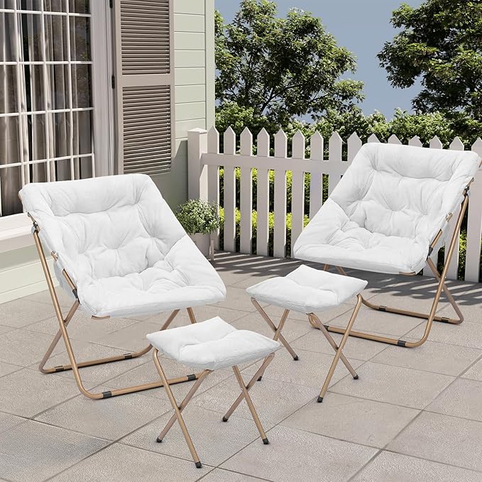 Cozy Saucer Chair Living Room Chair Faux Fur Soft Thick Padded Folding Chair Comfortable Square Moon Chair for Living Room Bedroom Reading Nook Modern Style 2 Pack White