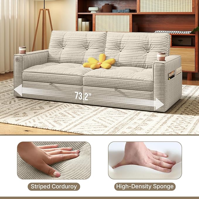 Rovibek 73.2 Convertible Sofa Bed Pull Out Couch with USB Charging Port &amp Cup Holders Adjustable Backrest Side Pockets Modern Corduroy Sleeper Sofa for Living Room Bedroom Apartment Beige