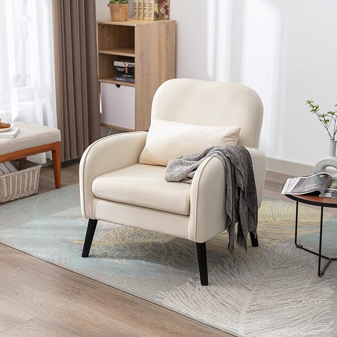 Mid Century Modern Accent ChairSingle Sofa Chair with Solid Wood Legs Comfy Fabric Upholstered Reading Armchair with A Soft Cushionfor Living Room BedroomApartmentOffice (Cream)