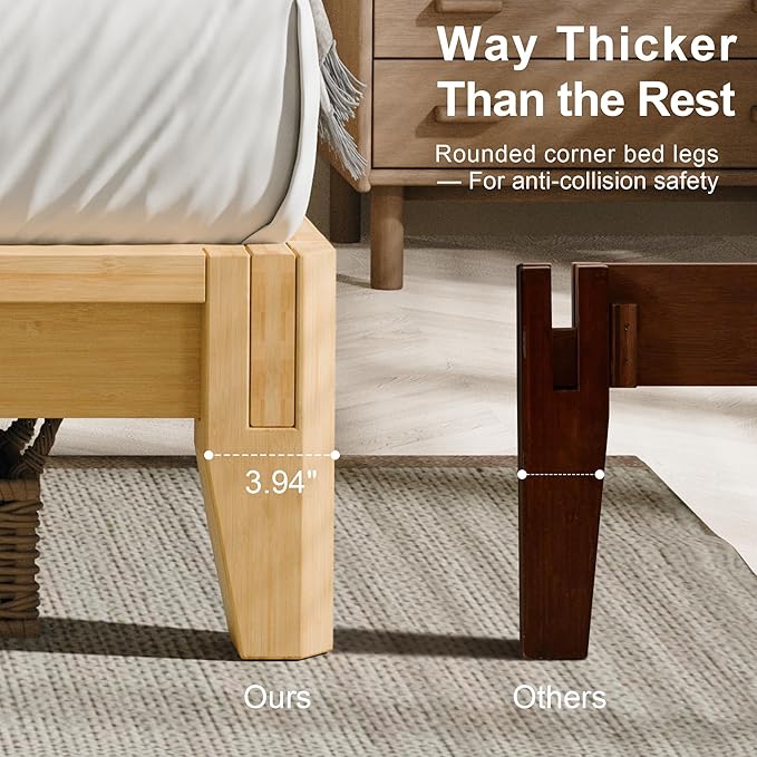 Dolonm Full Solid Wood Bamboo Bed Frame Mid-Century Modern Bed Frame Floating Center Support Legs Sturdy Solid Wood Slat Easy Tool Free Set Up（Full Natural）