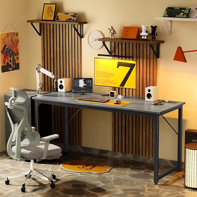 PRAISUN 63 X 24 Inch Office Computer Desk with Power Outlets and USB-C Port Larger and Longer Gaming Desk for Home Office Study Writing Work from Home Table Metal Frame Grey