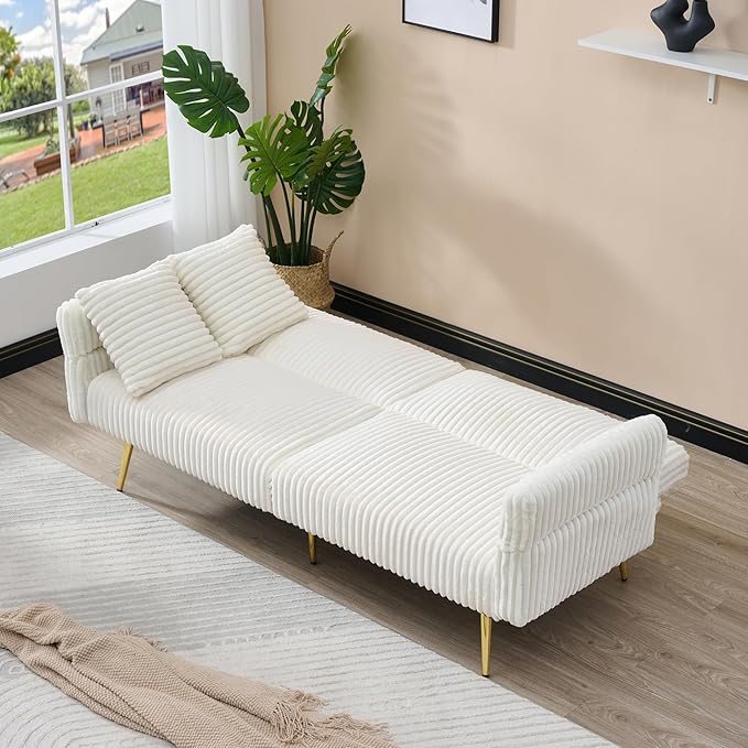 73 Convertible Futon Sofa BedComfy Teddy Fabric Sleeper Couch with 3 Reclining BackrestsGolden Chrome LegsModern Cloud Sofa Loveseat for Small Living Room Office (White-Corduroy)