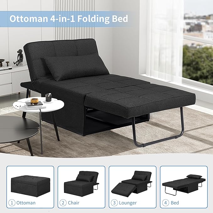 Ainfox Convertible Sofa Bed 4 in 1 Multi-Function Folding Ottoman Bed with Adjustable Backrest Modern Futon Couch No Assembly for Living Room Apartment Office Small Space (Black)