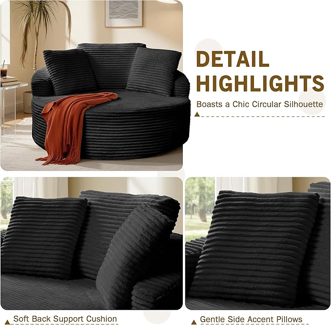 Oversized Round Chaise Lounge ChairCorduroy Cloud Large Circle Sofa Chair No Assembly Required Modern Sleeper Cloud Sofa Couch Bed for Living Room Bedroom Apartment (Black)