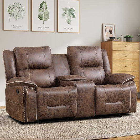 EBELLO Faux Leather Manual Recliner Loveseat 2 Seater Reclining Sofa Chair with Center Console Hidden Storage and Cup Holders Vintage Rivet Mid-Century Design for Living Room Meeting Room Brown