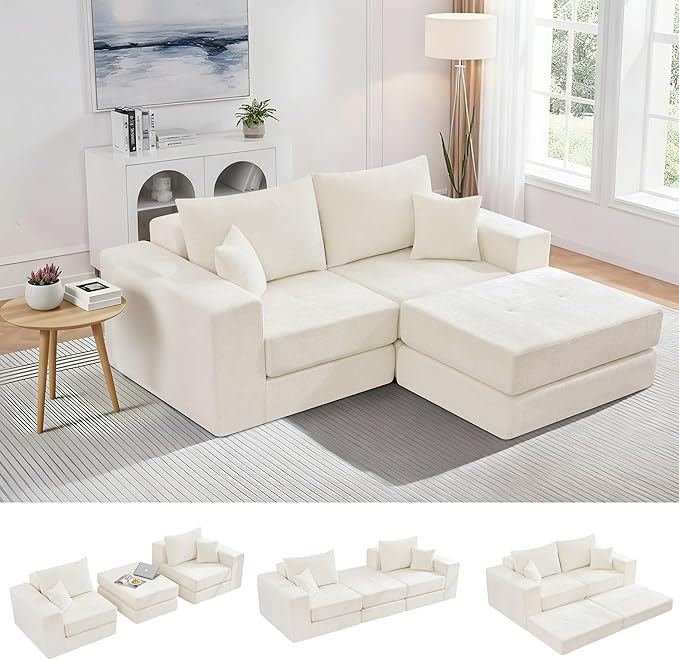 Boneless Sectional Loveseat Couch with Ottoman Convertible Tufted Button Modular Floor Sleeper Sofa Bed Comfy Foldable Compression Love Seat Sofa for Living Room No Assembly Beige