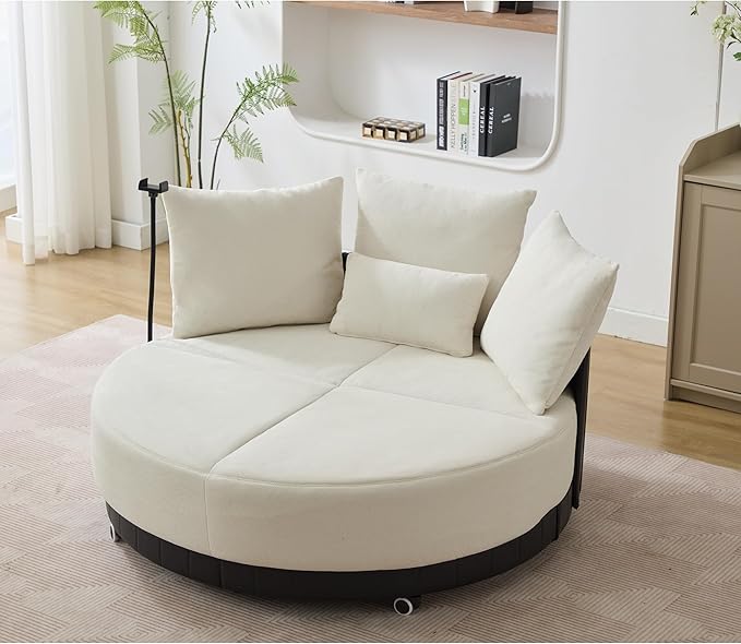 SLEERWAY Oversized Round Swivel Accent Chair Large Circle Barrel Chair and A Half Comfy Upholstered Lazy Sofa Couch with Phone Stand/Wheels Chaise Lounge Daybed for Living Room Bedroom Beige