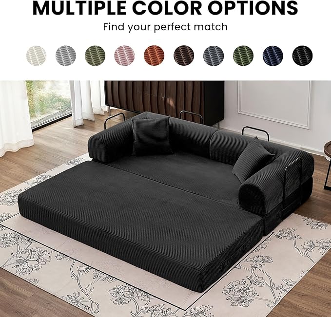 79 5-in-1 Convertible Sofa Bed King Size Sleeper with Bonus Pillows &amp Heavy Duty Frame No Assembly Corduroy Couch Bed for Movie Night &amp Guest Room Black